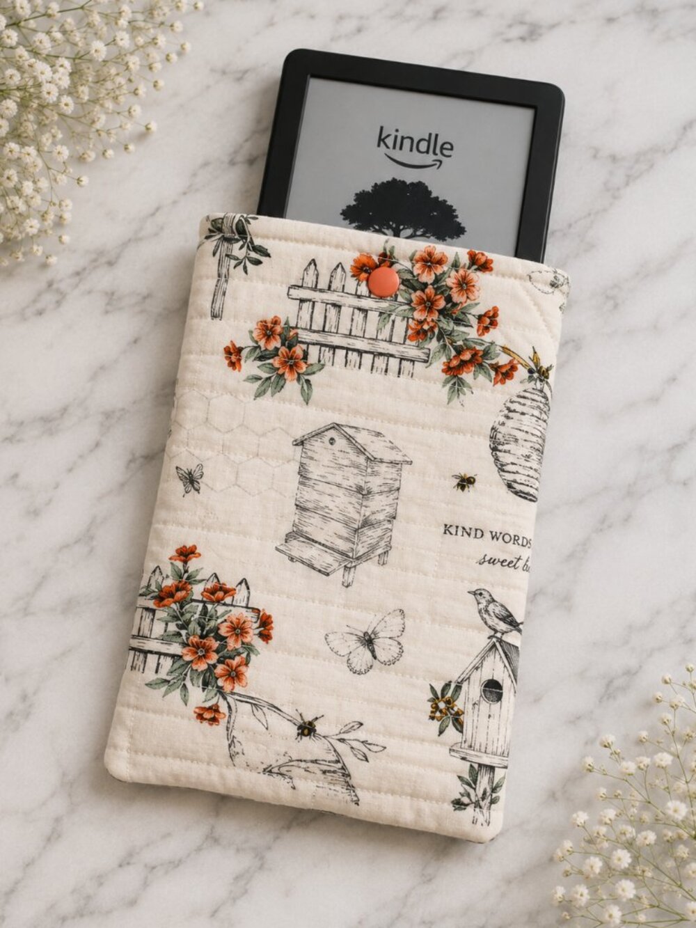 Handmade Quilted Kindle Sleeve, Cottage Garden Floral Print Pouch
